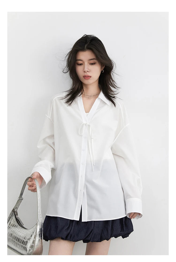CHIC VEN Women Shirt Loose Casual Solid New Lapel Tie Design Sun Protection Blouses Long Sleeved Female Coat Summer 2025