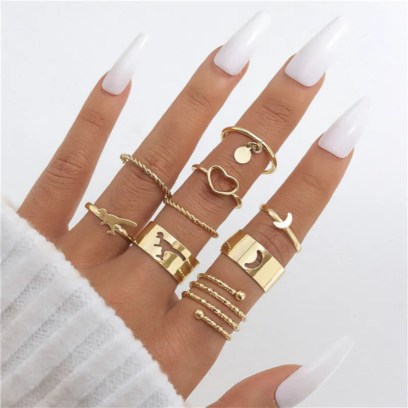 Vintage Shiny Zircon Butterfly Heart Ring Set Gold Color Boho Elegant Eyes Moon Geometric Rings Women Party Jewelry