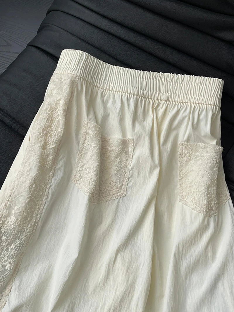 Zoki Lace Patchwork Sweet Pants Women Casual Korean High Waist Fashion Straight Trousers Loose Chic Female Summer Design Pants