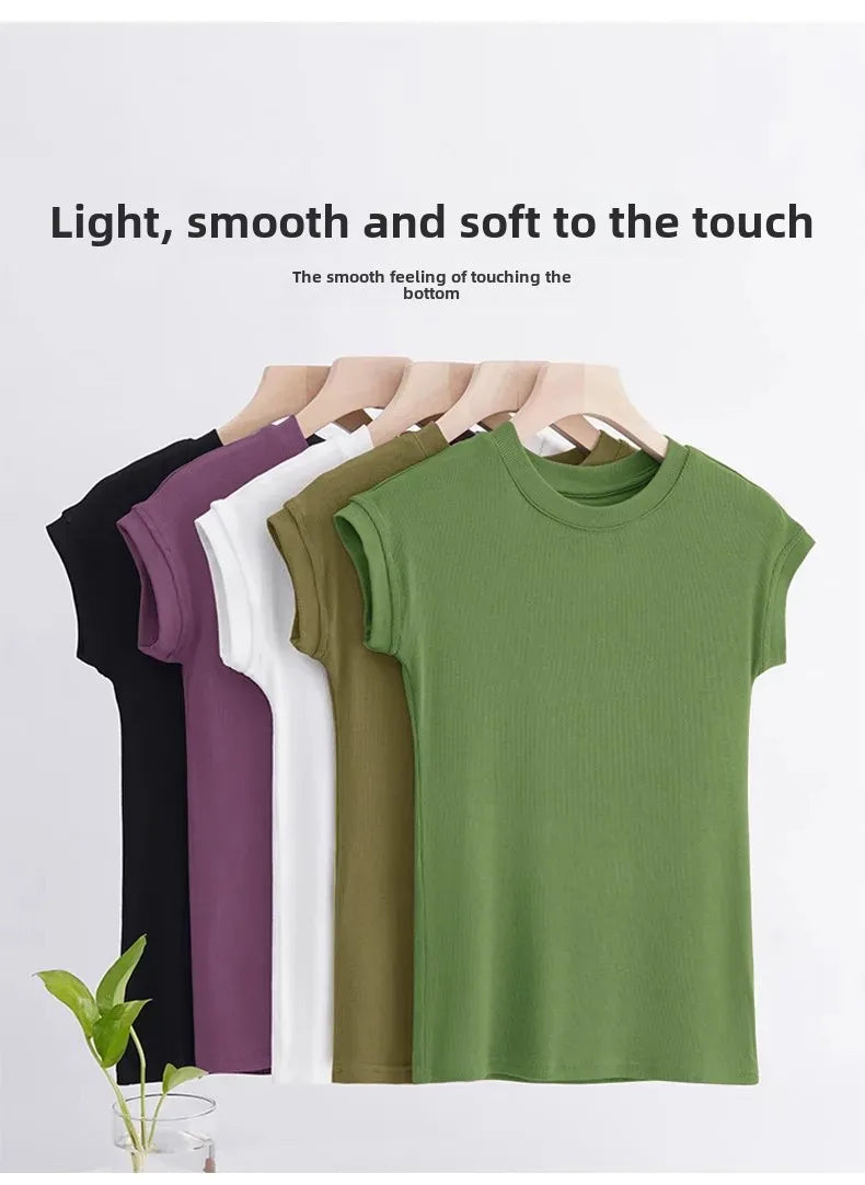 Short Sleeve Ice Silk T-Shirt Women's Loose Fashionable Youthful Small Flying Sleeve Top Knitted Crew Neck Other Pattern Types