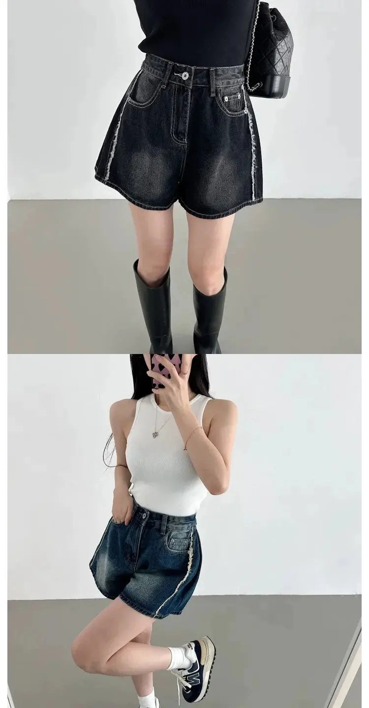 Retro Waed Distred High Waist Wide Leg Jeans orts Casual Sle A-Line Loose Fit Summer Denim orts for Women