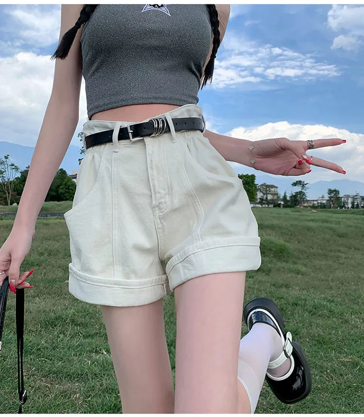 Women's Wine Red Denim Shorts High Waist Wide Shorts Harajuku Streetwear Korean Style Y2k Casual Blue A Line Jean Shorts Summer