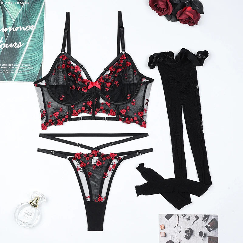 CHILLGIO Women Lingeries Sexy Hot Embroidery Bra Set Chic and Elegant Women's Ethical Underwear Bodycon Bras Panty Stockings Set