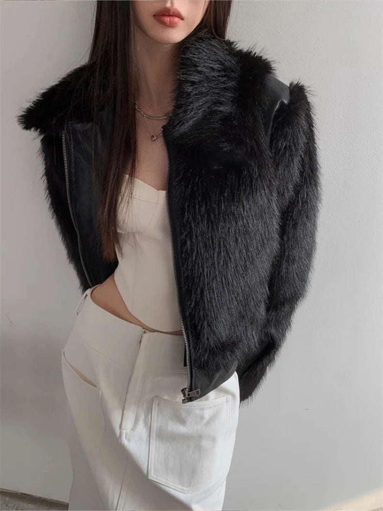 Lautaro Autumn Winter Cool Short Black Soft Thickened Warm Hairy Shaggy Patchwork Faux Fox Fur Coat Women Fluffy Jacket 2023