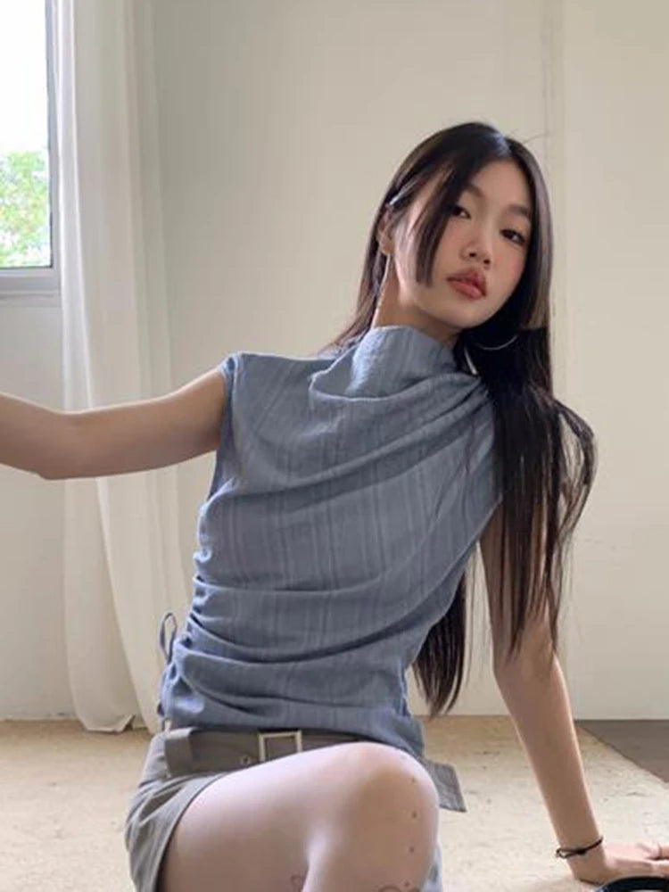 Zoki Streetwear Y2K Slim Tanks Women Shirring Vintage Casual Tops Summer Sleeveless Female Retro Half Turtleneck Harajuku Tanks