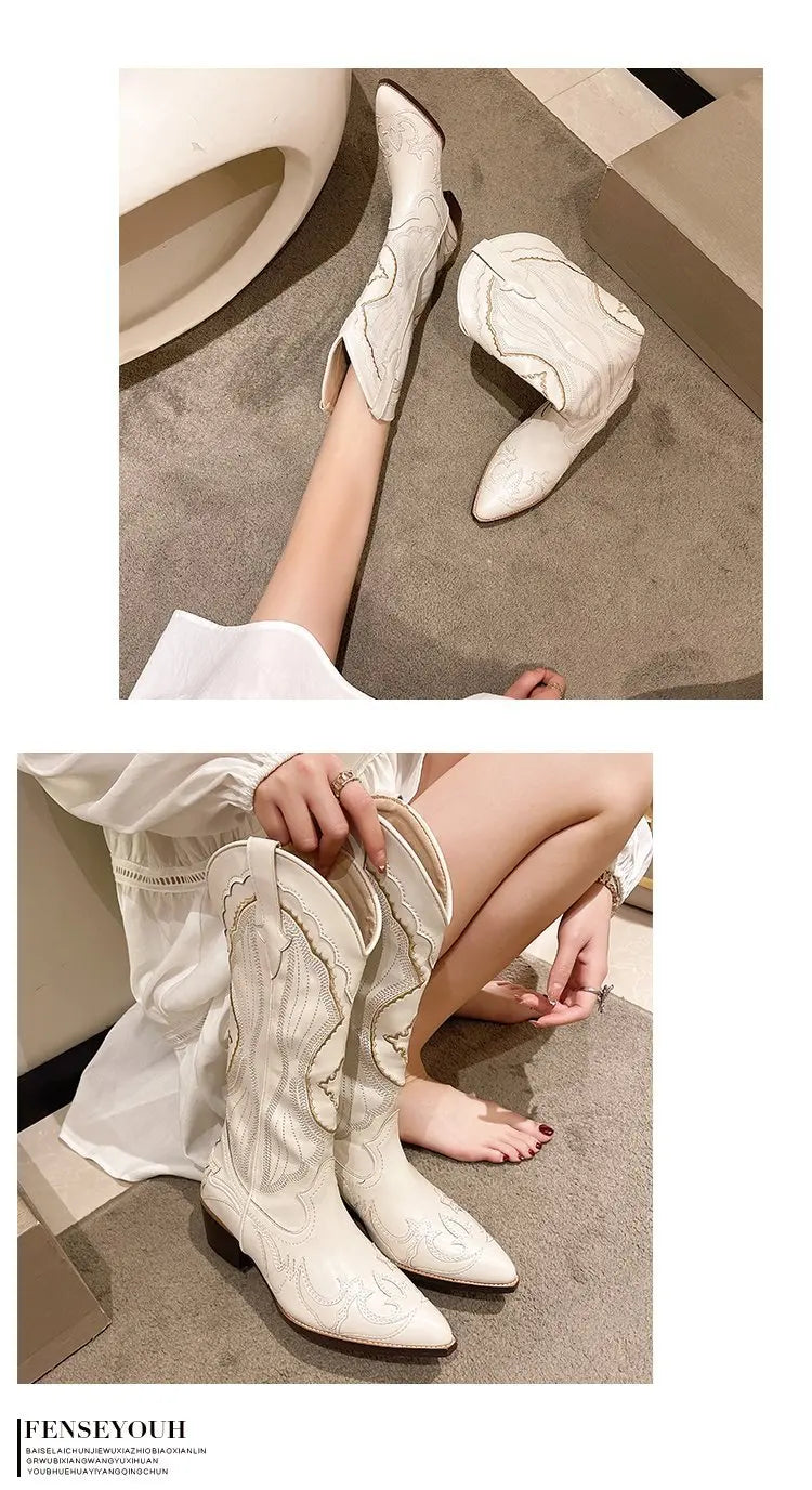 Women's Embroidered Western Mid Calf Boots Cowboy Square Heels Boots Pointed Toe Platform Boots Women Western Shoes Plus Size 42