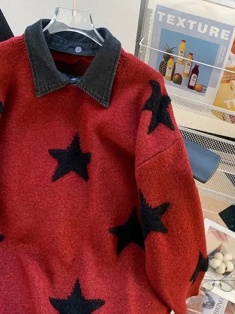 Zoki Star Print Y2K Sweaters Women American Red Patchwork Knitted Jumpers Tops Loose Female Design Turn Down Collar Pullovers