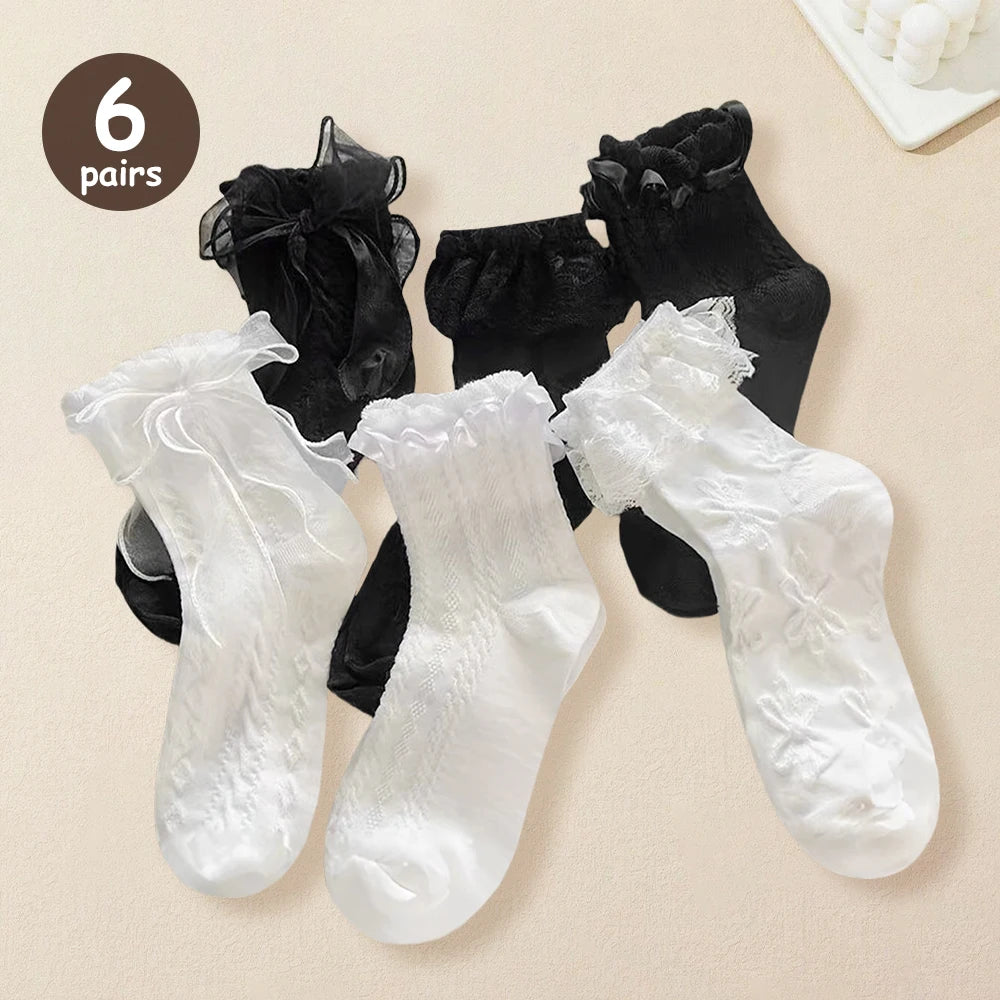 6 Pairs Woman Socks Solid Black White Lolita Lacework Ruffle Socks Summer Thin Japanese Style Kawaii Sweet Girls Short Socks