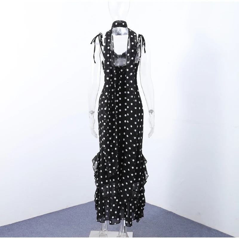 Retro Polk Dot Long Dress With Ribbon Women Sexy Low Cut Sleeveless Pleated Slim Evening Dresses Female Spring Chic Street Party