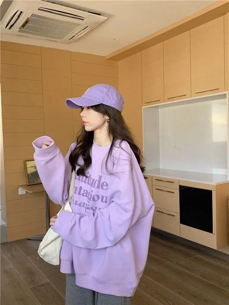 Oversize Round Neck Women's Hoodie Purple Spring and Autumn Thin Loose 2024 New Long Sleeved Top Plus Size Jacket