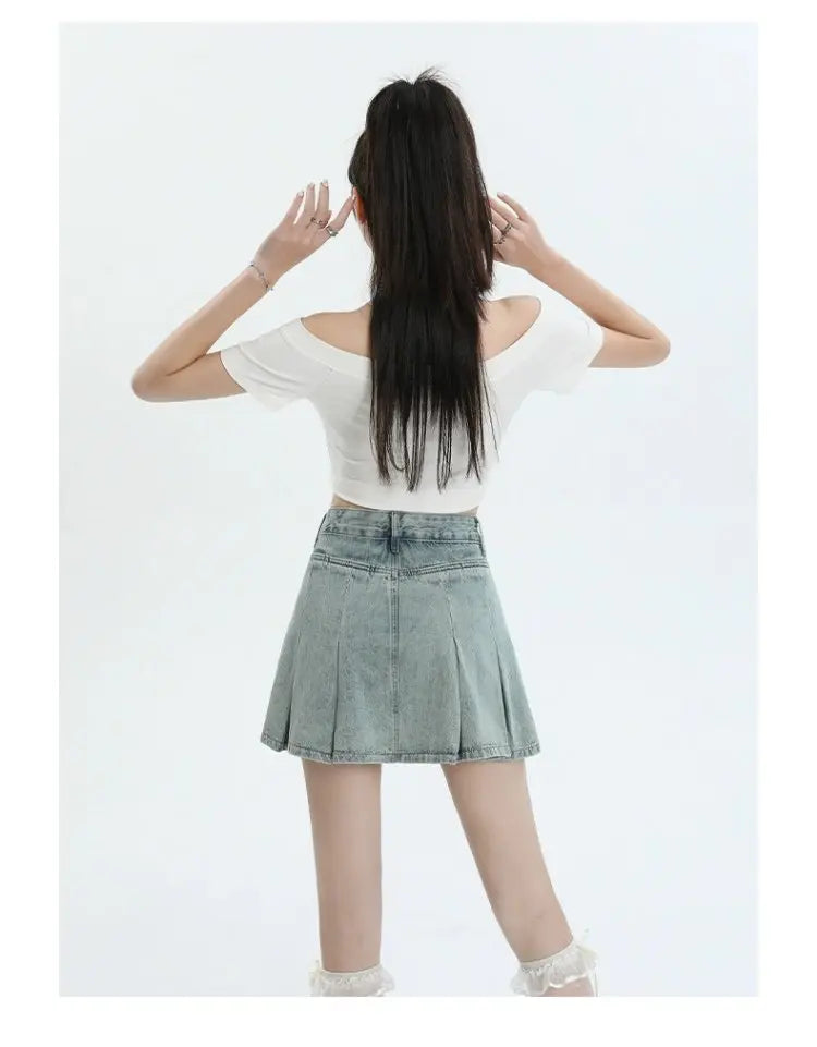 American Sle Versatile High Waist Denim  Skirt Women's Summer New plus Size Pleated Skirt Small Size Slim A-Line ves