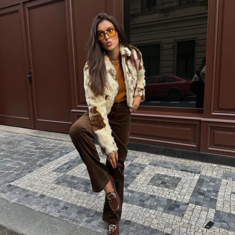 Faux Fur Contrast Women Coat 2025 Lapel Zipper Long Sleeve Female Coats Vintage Autumn Winter Pocket Thicken Warm Lady Outwear