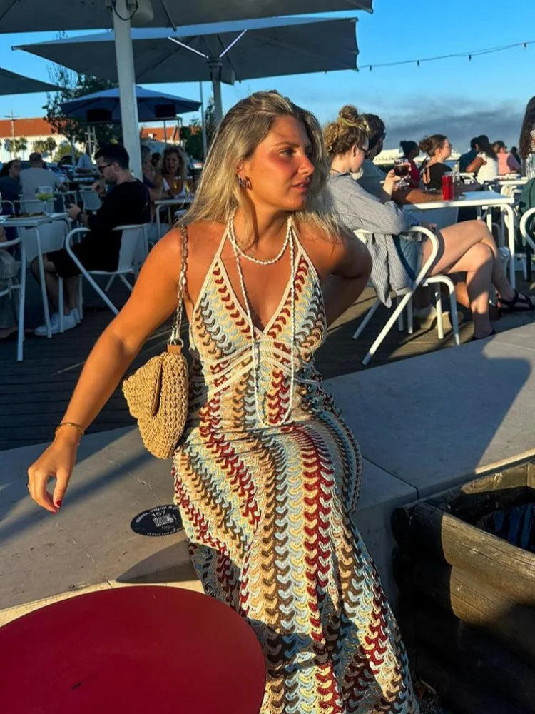 Sexy Printed Colorful Deep V-neck Crochet Maxi Dress Women Chic Sleeveless Backless Sling Slim Vestido 2025 Lady Vacation Robes
