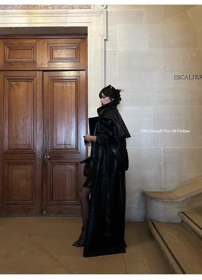 Lautaro Spring Autumn Extra Long Black Pu Leather Trench Coat for Women with Back High Slit Luxury Chic European Fashion 2024