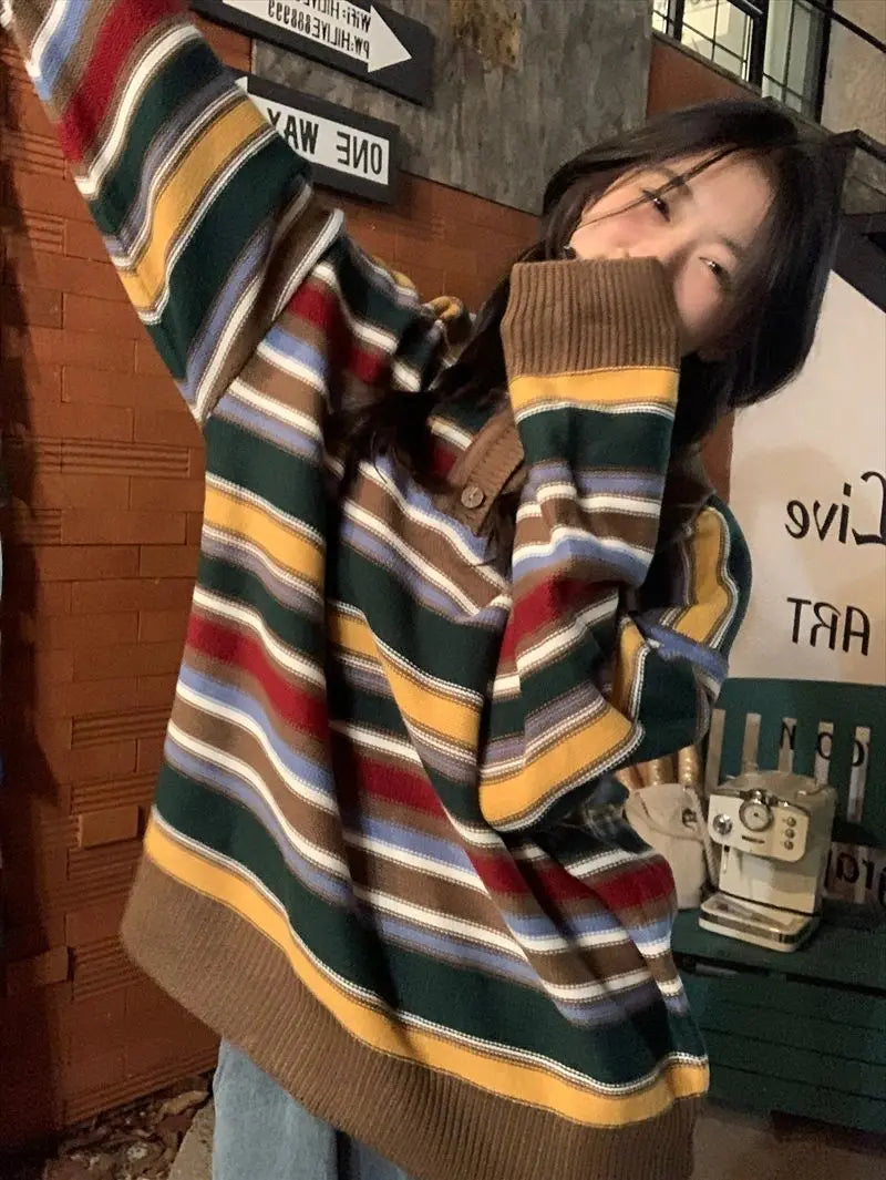 Retro Lazy Sle Women's  Ne Sweater Spring Autumn Loose  Stripes Knitted Top Comfortable Breathable Warmth