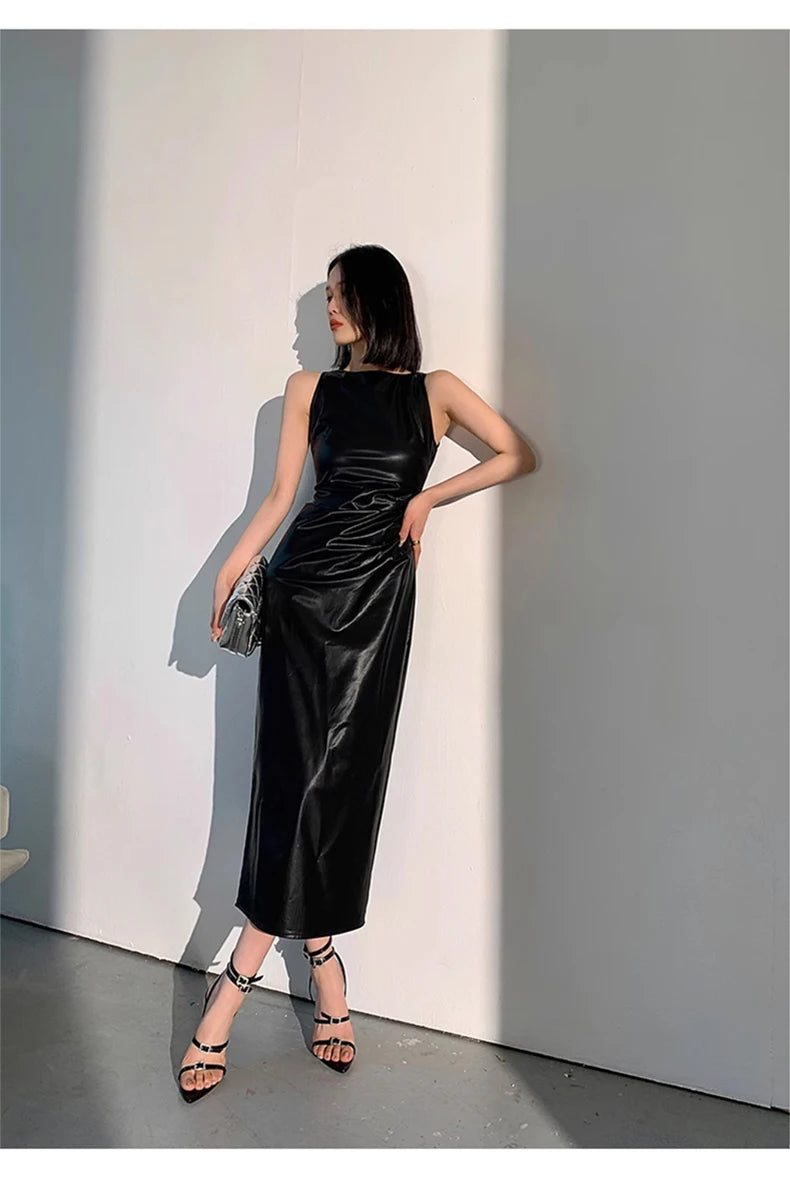Lautaro Spring Autumn Sleeveless Backless Black Stretchy Blue Soft Faux Leather Midi Tank Dress Women Slim Fit Long Dresses 2023