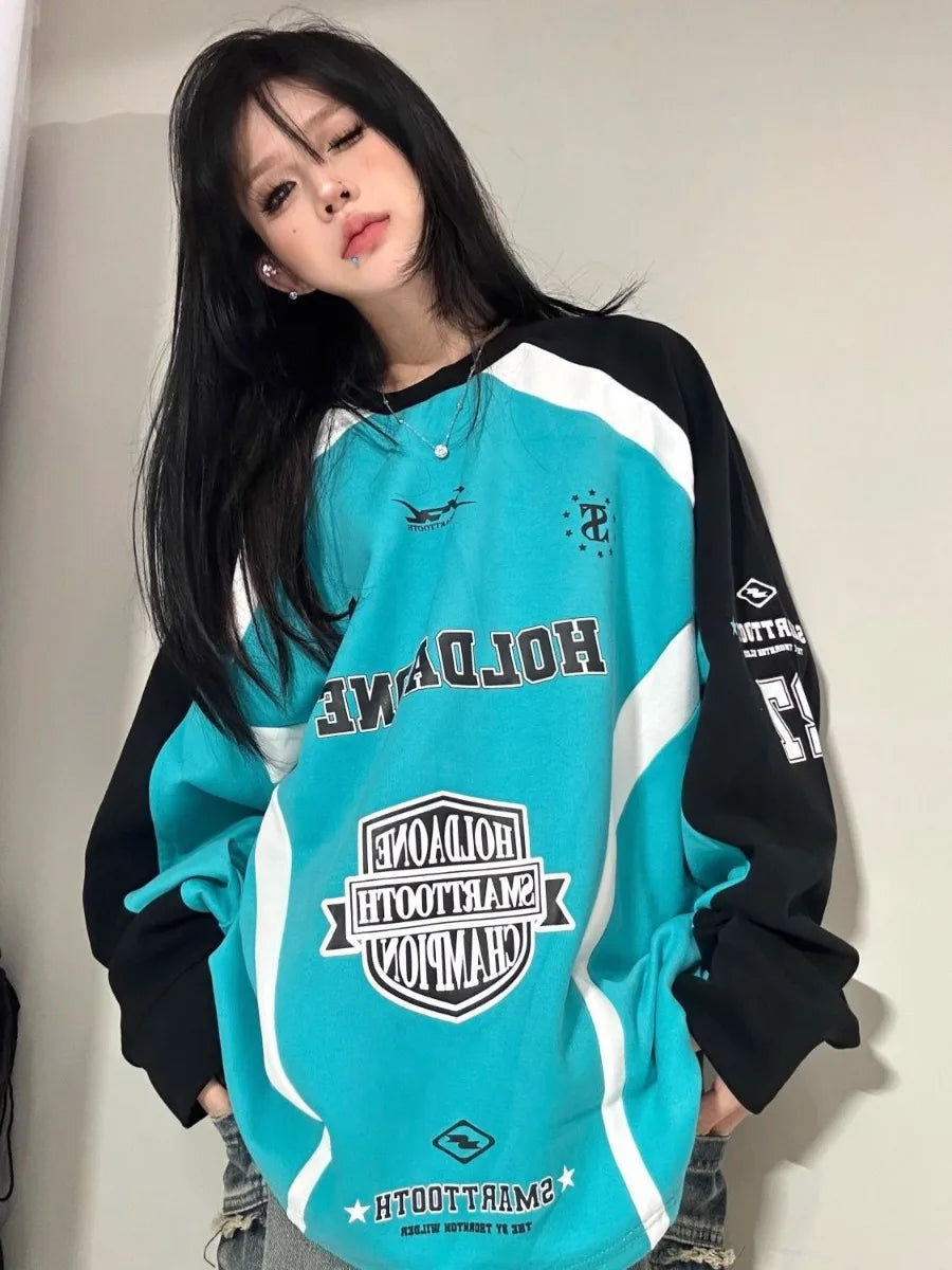 New American Retro Street Brand Color Matching Casual Color Matching Sweater Male Loose Couple Long Sleeve Racing Jacket Female