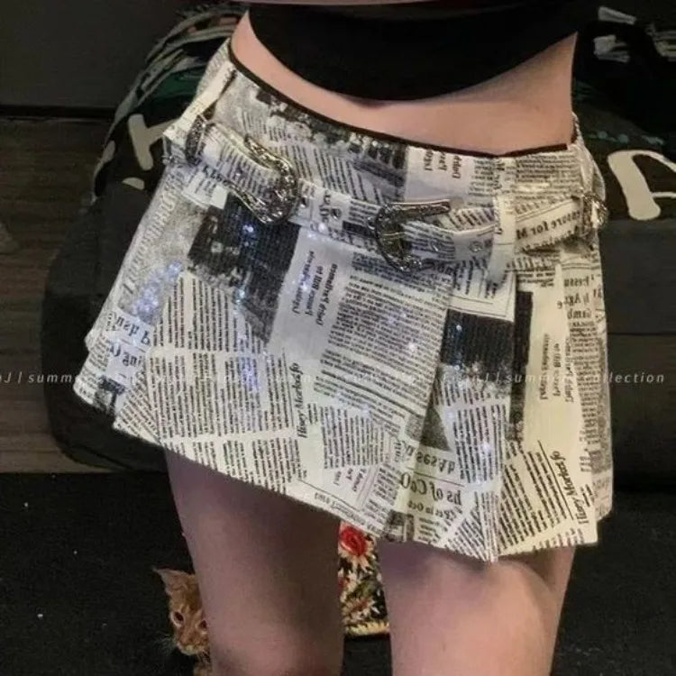 Newspaper Printed All-match Skirt for Women Y2k High Waist Ruched Faldas Mujer 2025 Early Autumn New A-line Skirts