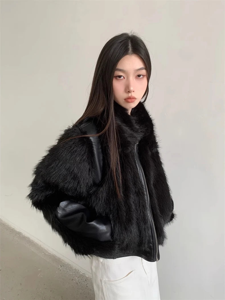 Lautaro Autumn Winter Cool Short Black Soft Thickened Warm Hairy Shaggy Patchwork Faux Fox Fur Coat Women Fluffy Jacket 2023
