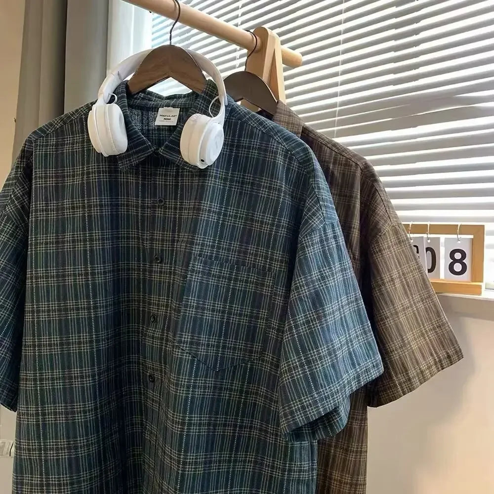Japanese Vintage Plaid Short Sleeve Shirt Men's Streetwear Loose Fit High-end Feel Casual Stylish Versatile Half Sleeve Jacket
