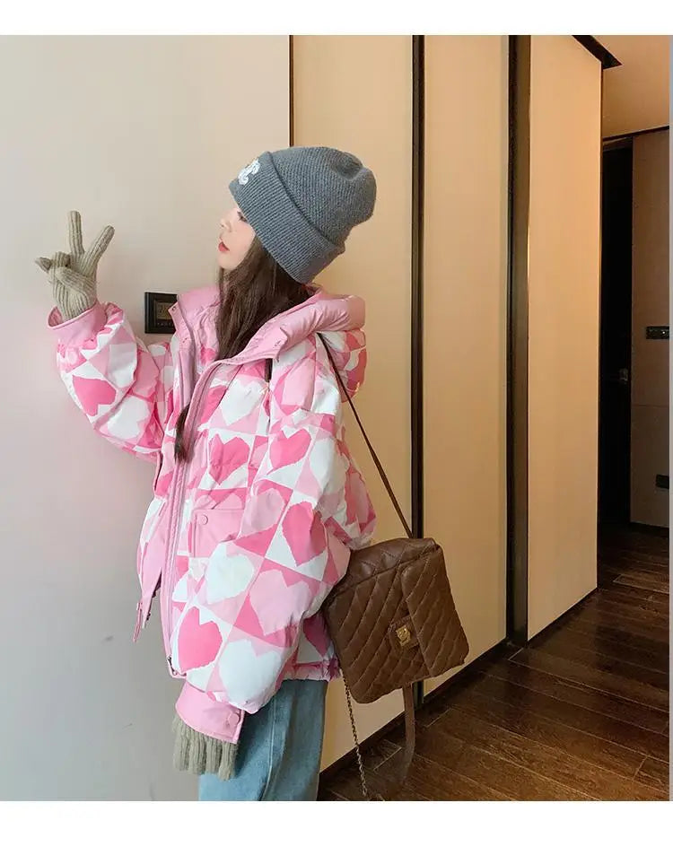 Duck Down Coat for Women, Loose and Thicken Hooded Parkas, Printed Outerwear, Female Bread Jackets, Winter Clothing, New, 2024