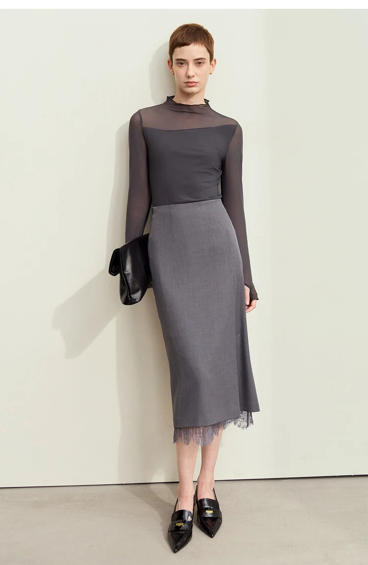 Amii Minimalism Mesh T-shirts For Women 2025 Spring New Office Lady Half-high Neck Micro Perspective Slim Retro Shirt 12423055