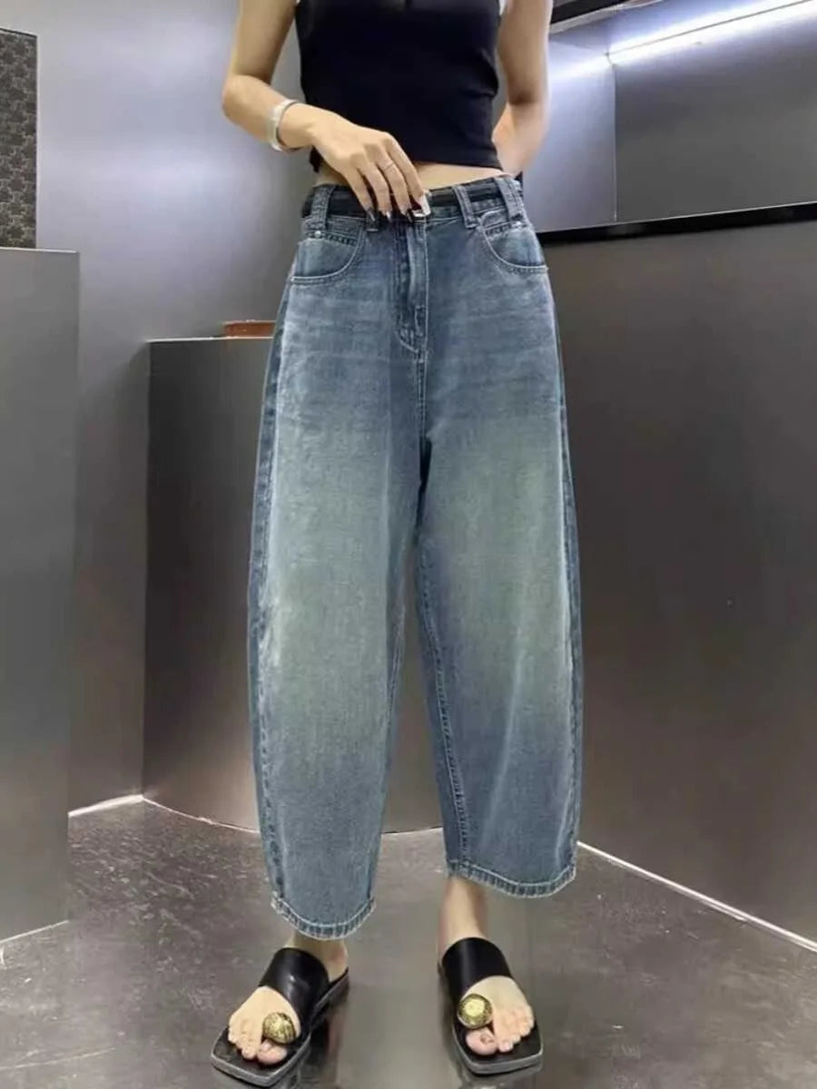 Loose Dad Jeans Women's Spring Summer New Sle Wide Leg Nine Points Harlan plus Size Slimming Trousers High Waist Denim