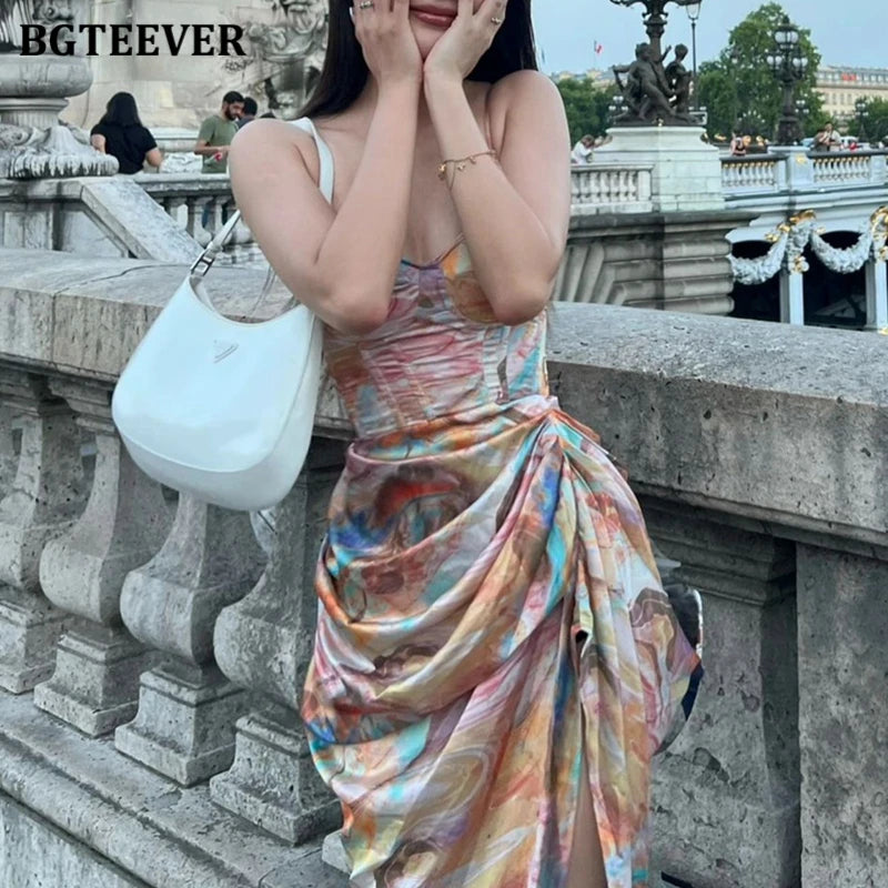 BGTEEVER Summer Fashion Slim Women Spaghetti Strap Midi Printed Dress Elegant Ladies Sleeveless Side Split Bodycon Dress
