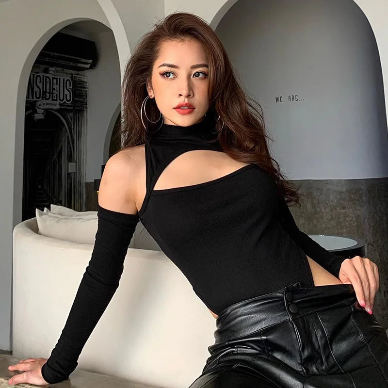 High Fashion Women’s Long-sleeved Bodysuit Solid Color Hollow Off-shoulder Half High Collar Jumpsuit
