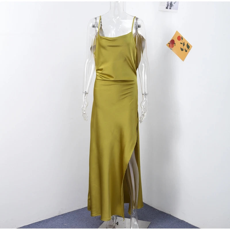 Elegant Green Satin Ruffles Sling Long Dress Women Sexy Backless Sleeveless Split Slim Dresses Lady 2025 New Party Club Vestidos