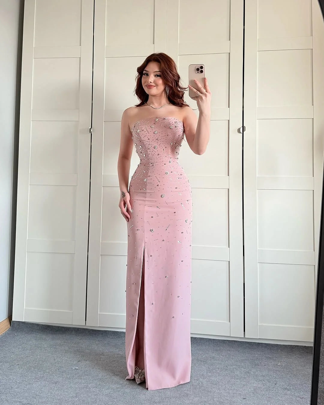 Customized Sexy Jersey Crystal Sequined Evening Dresses Temperament Strapless Sleeveless Celebrity Gowns Custom Size Prom Dress