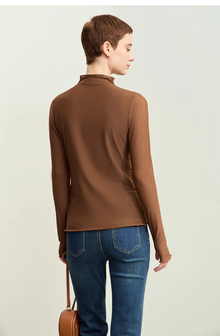 Amii Minimalism Mesh T-shirts For Women 2025 Spring New Office Lady Half-high Neck Micro Perspective Slim Retro Shirt 12423055