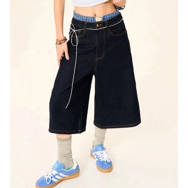 Summer High Street Letter Printing Washing Denim Shorts Men and Women American Retro Casual Loose Straight Cropped Pants Trendy