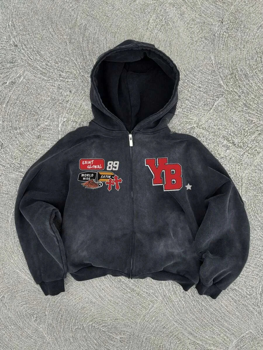 New Y2K American hip-hop retro monogrammed printed hoodie men clothing streetwear Harajuku jacket Gothic casual zip up hoodies