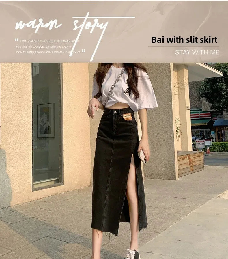 Mid-Length Denim Mini Skirt for Women High Waist Slimming Split Knee-Length Summer Trendy Cotton Half Body Skirts