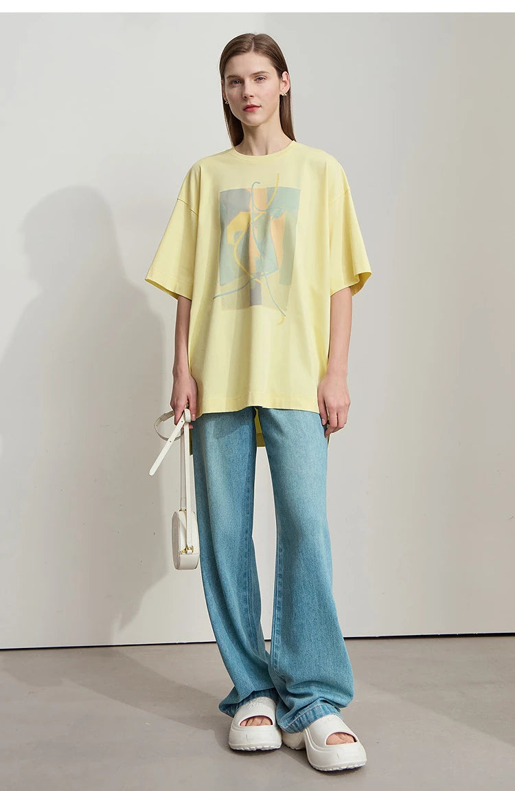 Amii Minimalist Summer T-shirt Women Irregular Design Tops Casual O-neck Abstract Print Loose Dropped Shoulder T-shirt 12522081