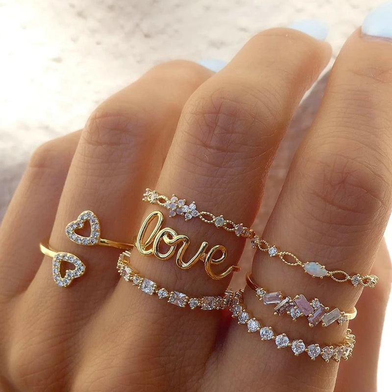 Vintage Shiny Zircon Butterfly Heart Ring Set Gold Color Boho Elegant Eyes Moon Geometric Rings Women Party Jewelry