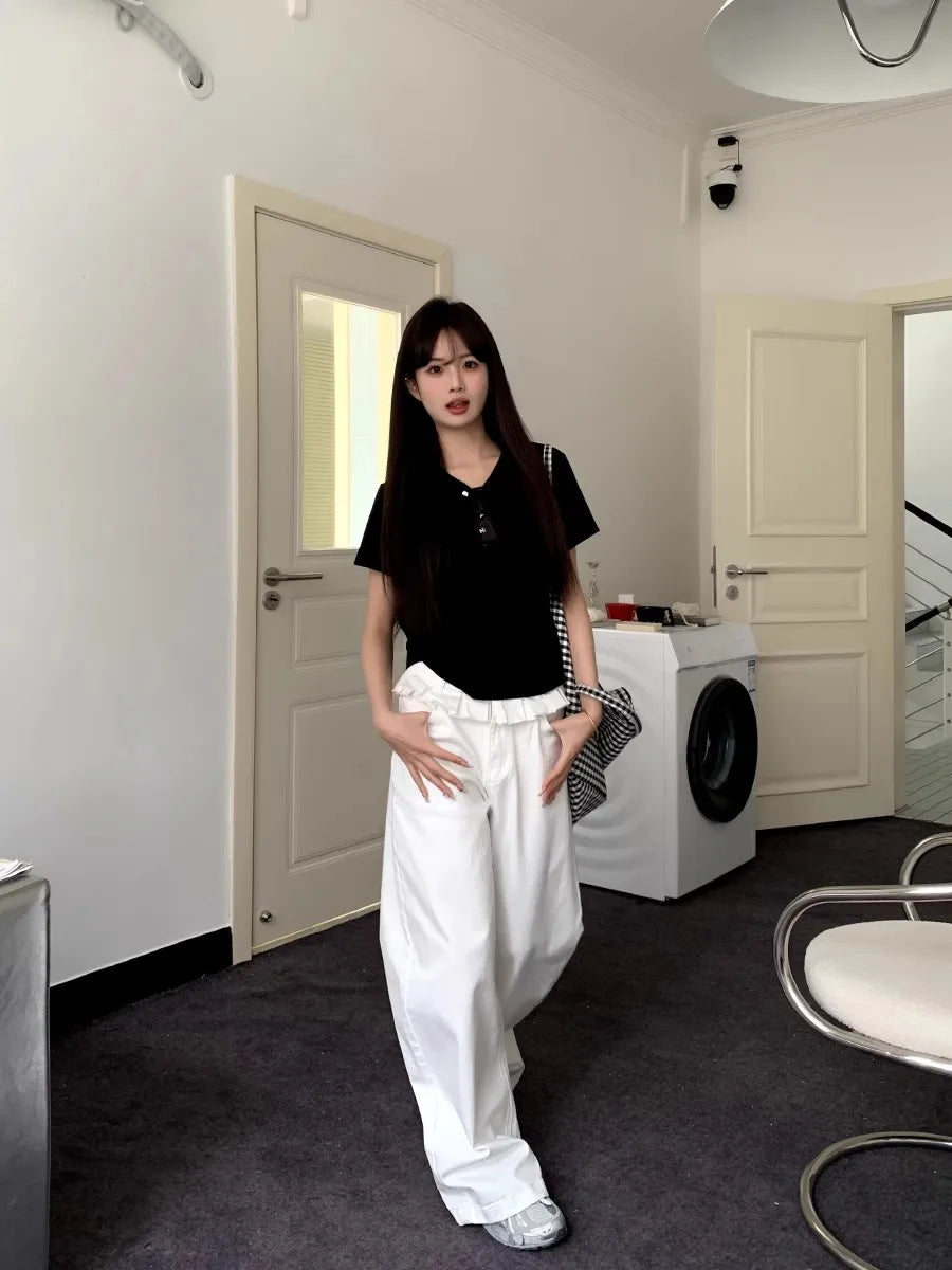 Casual Patchwork Pleated Wide Leg Pants Loose Solid High-Waisted Straight Pants Women Fashion Streetwear Lady Jeans