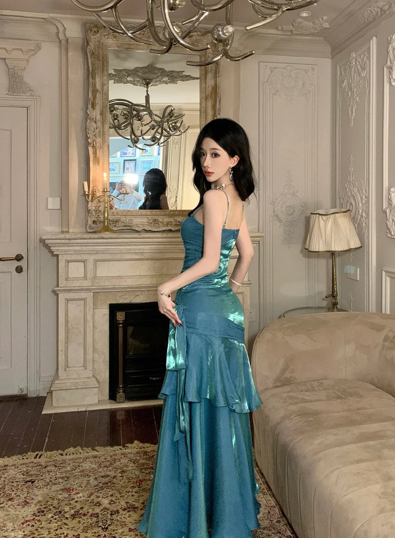 Sexy Shiny Glitter Mermaid Evening Party Prom Gowns Spring Summer Spaghetti Strap Ruffled Dresses Sleeveless Slim Waist Robe