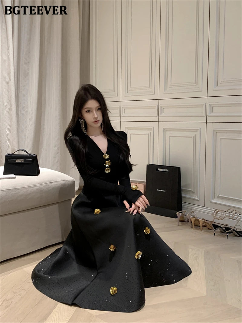 BGTEEVER Spring Elegant Ladies 2 Pieces Skirt Set Long Sleeve V-neck Pullovers & High Waist Loose A-line Skirts Women Outfits