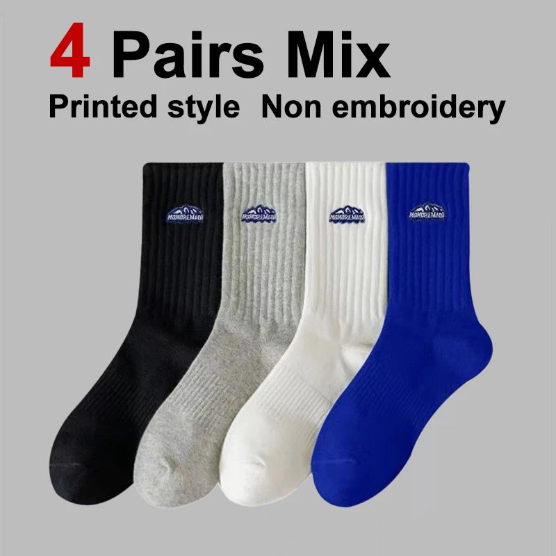 4 Pairs Men Solid Color Printed Mid Tube Socks Fashionable Letter Comfortable Sweat Absorbing Breathable Couple Casual Socks