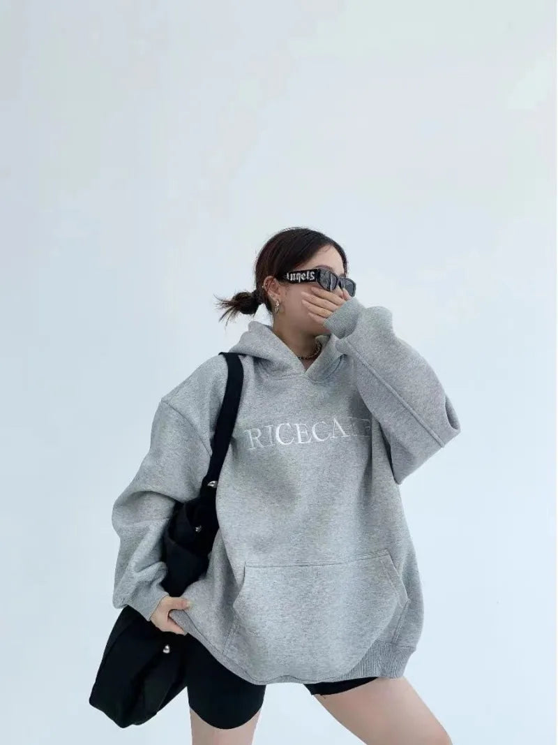 Hikigawa Chic Fashion Floral Embroidery Hoodies Women Coats Autumn Casual Loose All Match Hooded Pullover Outerwear Tops Mujer