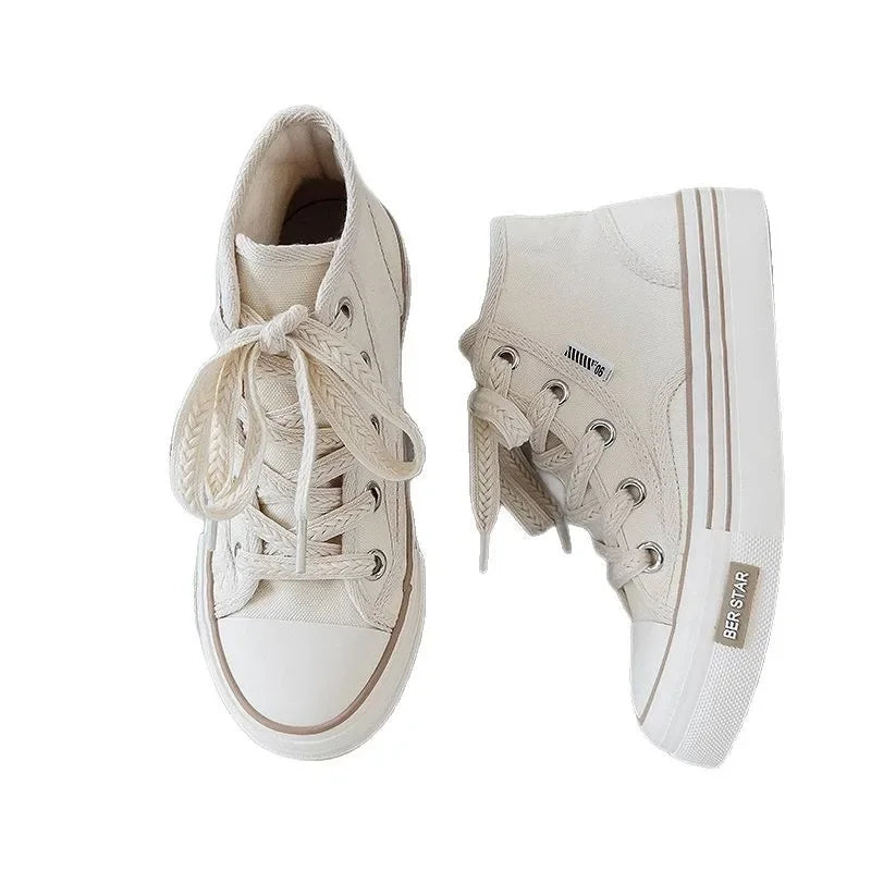 Spring 2025 Women's Canvas Sneakers High-Top Sporty Casual Shoes Student Fashion Trendy Design Synthetic Inner Rubber Sole