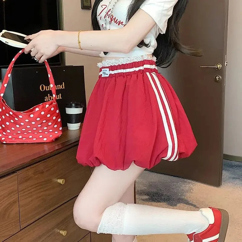 American Style Spliced Lace Stripe High Waist Half Skirt Women Summer Anti Exposure Flower Bud Puffy Short Skirt Polyester Fiber