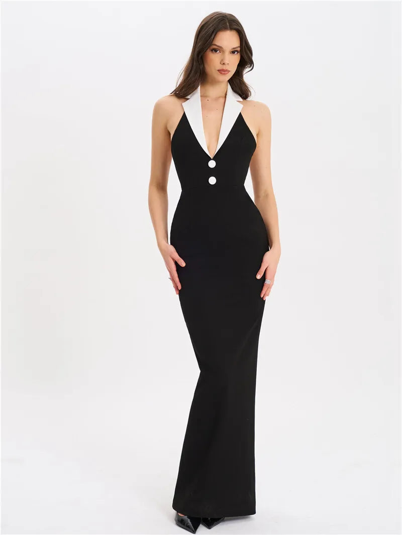 Mozision Halter Backless Sexy Maxi Dress For Women Gown Contrast Color Notched Collar Sleeveless Bodycon Club Party Tank Dress
