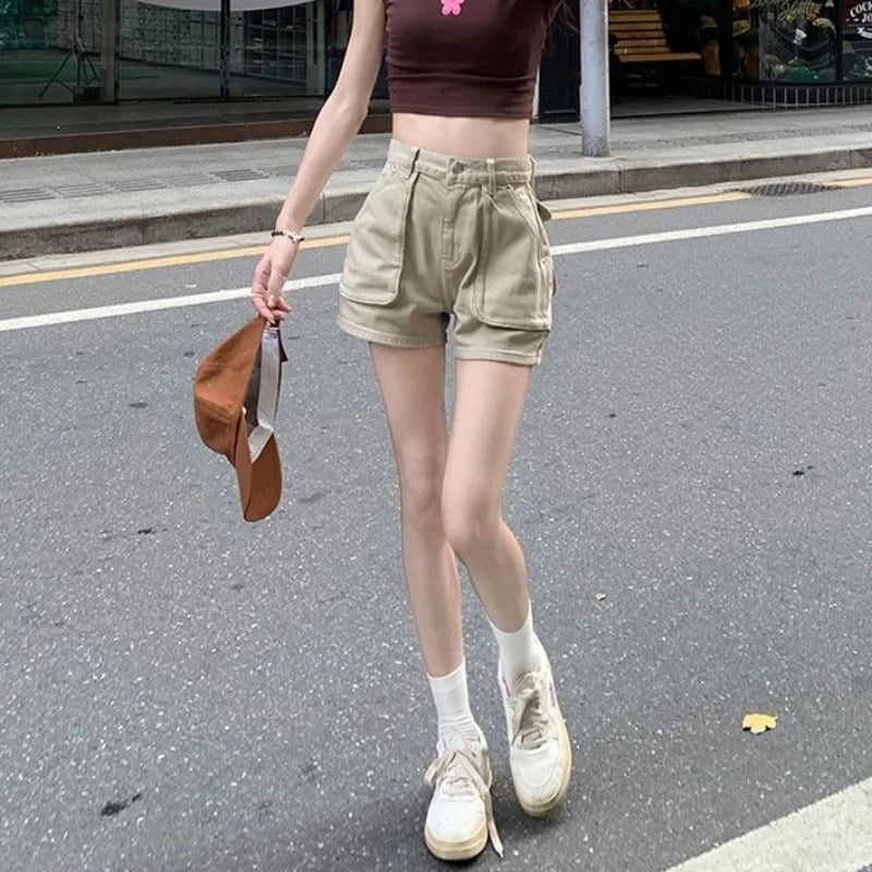 Khaki Pocket Baggy Short Jean Pants Woman Summer Korean Style Clothing Harajuku Fashion High Waist Cargo Denim Shorts for Women
