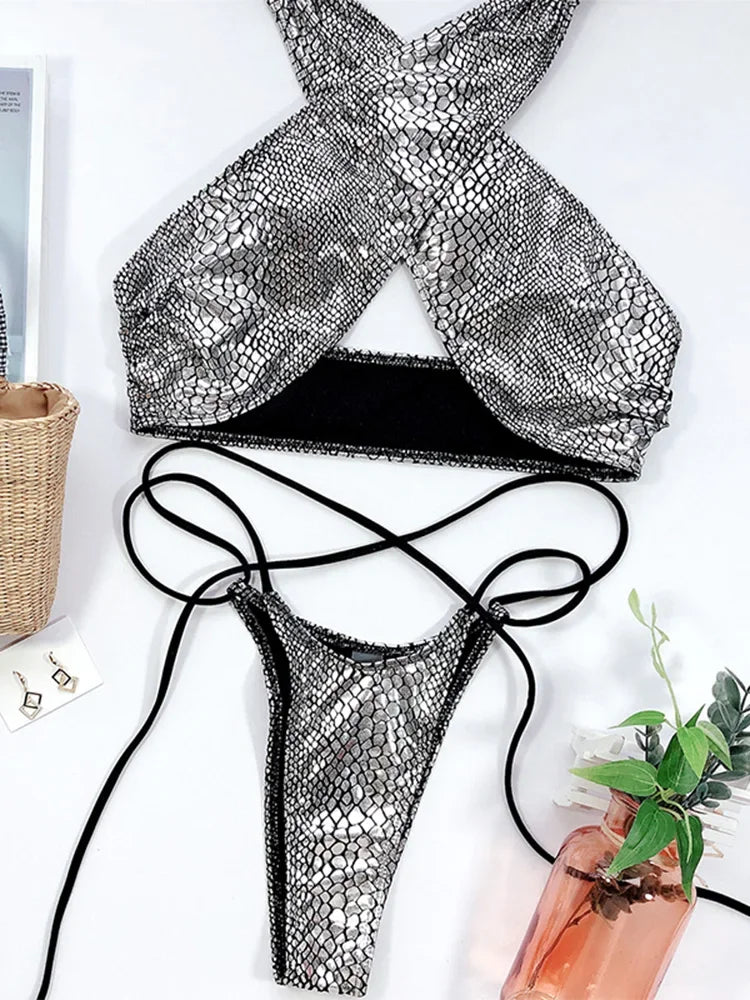 Snake Skin Mini Micro Thong Bikini Women Swimwear Female Swimsuit Two Pieces Bikini Set Halter Wrap Around Bathing Suit Swim