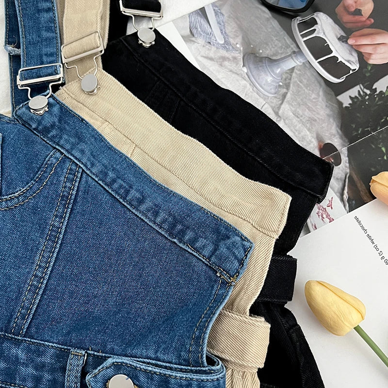 Casual Denim Jumpsuits Women Spring Summe Retro Short  Fashion  One-shoulder Wide Leg Pants 2024 New Cool Girls Streetwear