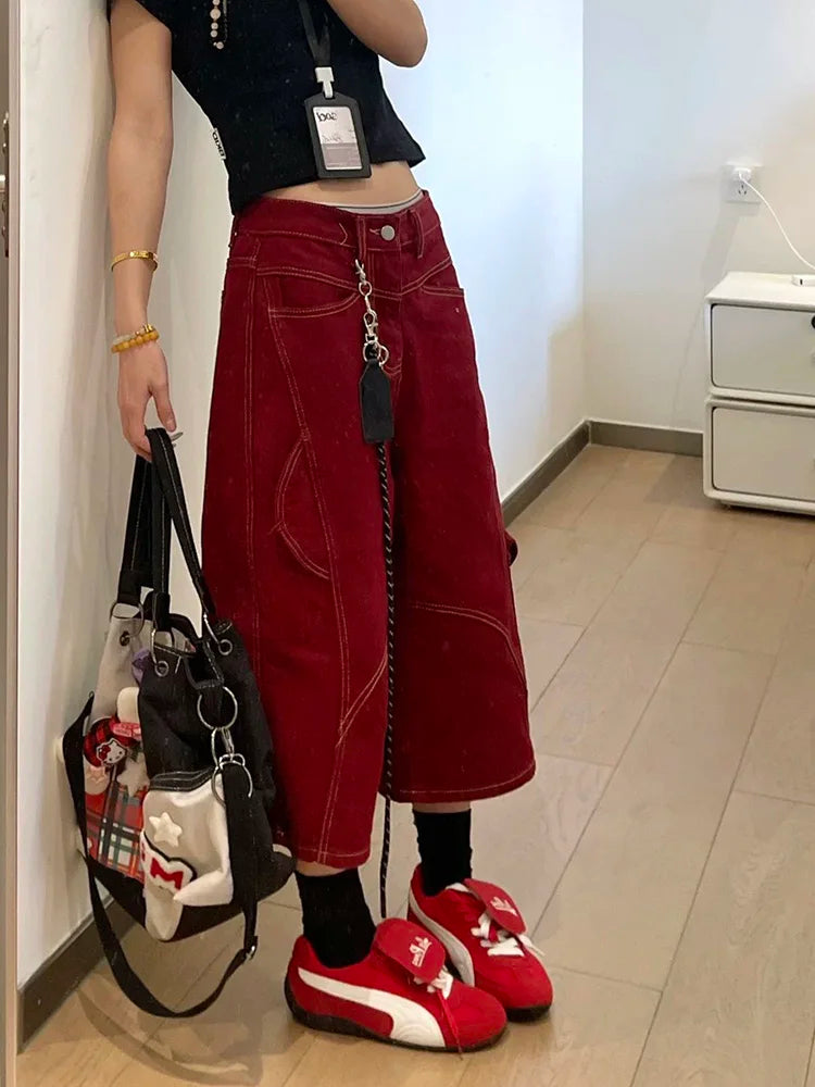 Botvotee Burgundy Calf Jeans for Women High Waisted Wide Leg Baggy Cargo Denim Shorts 2000s Y2k Vintage Streetwear Short Jeans