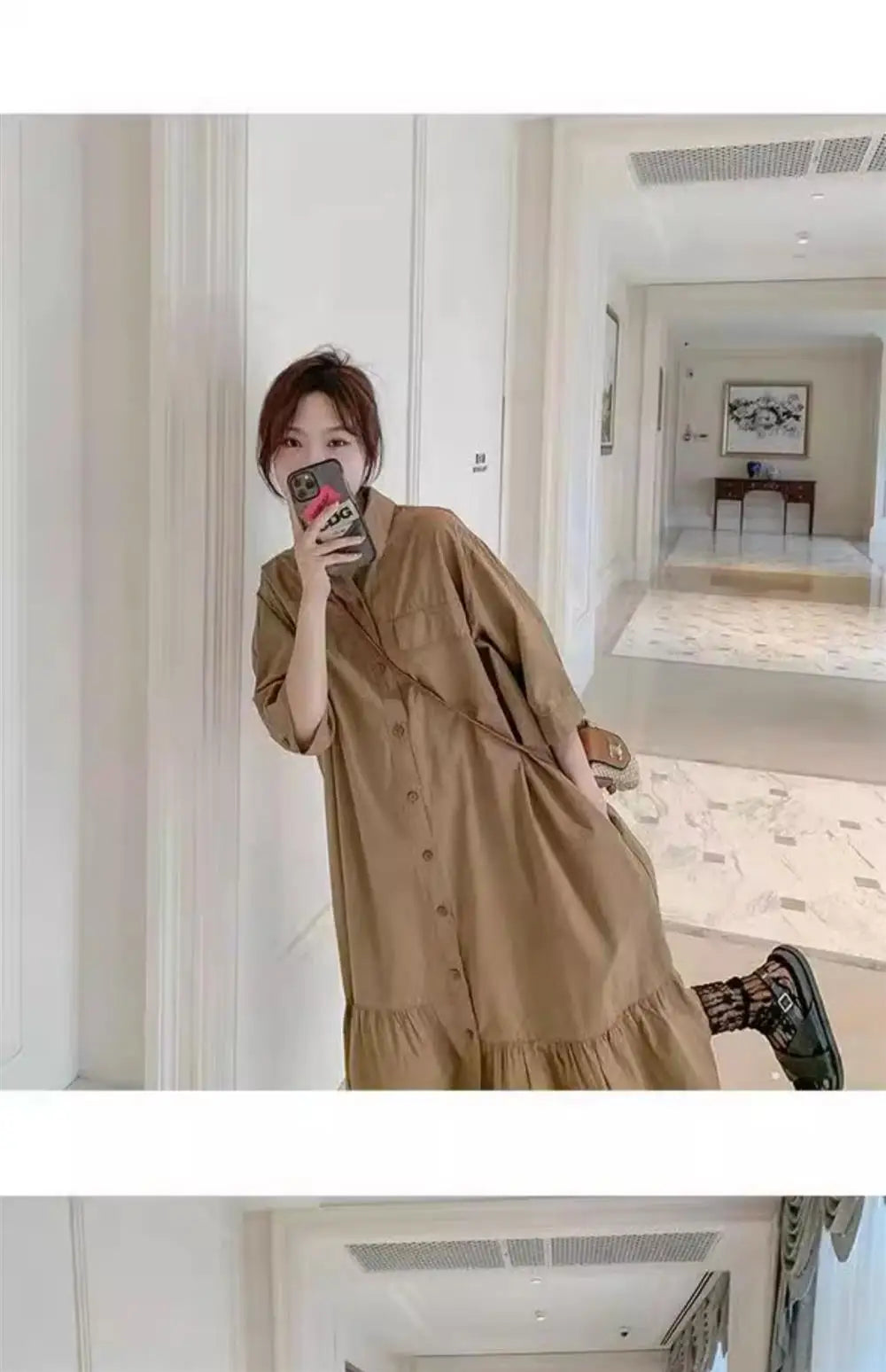 plus Size Khaki Shirt Dress Women Casual Summer Loose Fit High Waist A-Line Skirt Long Sleeve Polo Collar Polyester Fiber